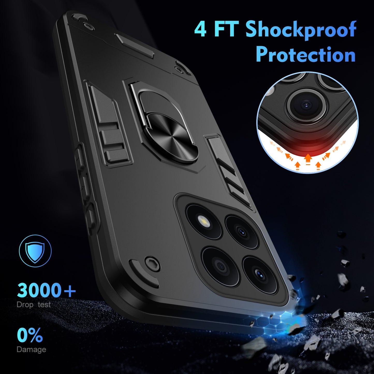 Shockproof Honor X8a Phone Case with 360° Rotatable Metal Ring Holder, Magnetic Car Mount Stand, Ultra-Thin PC & Silicone Protection Cover
