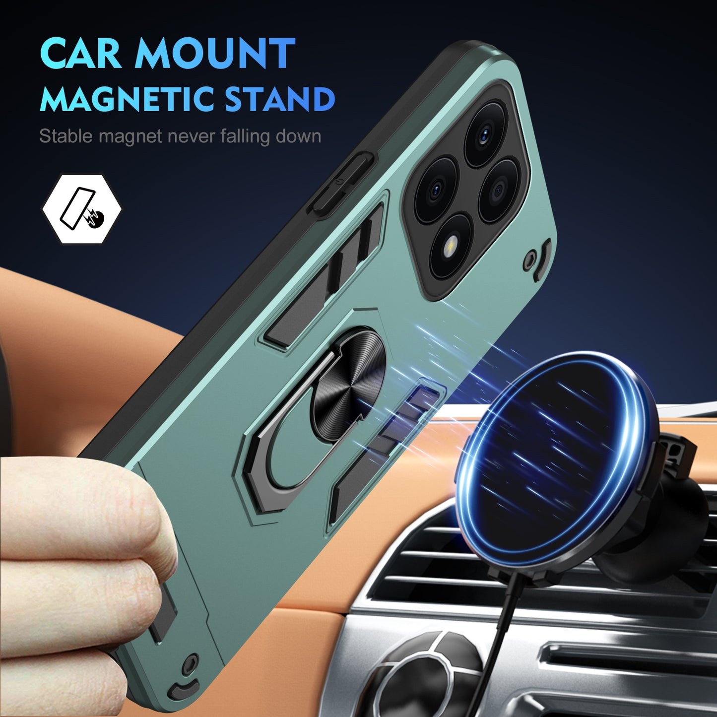 Shockproof Honor X8a Phone Case with 360° Rotatable Metal Ring Holder, Magnetic Car Mount Stand, Ultra-Thin PC & Silicone Protection Cover