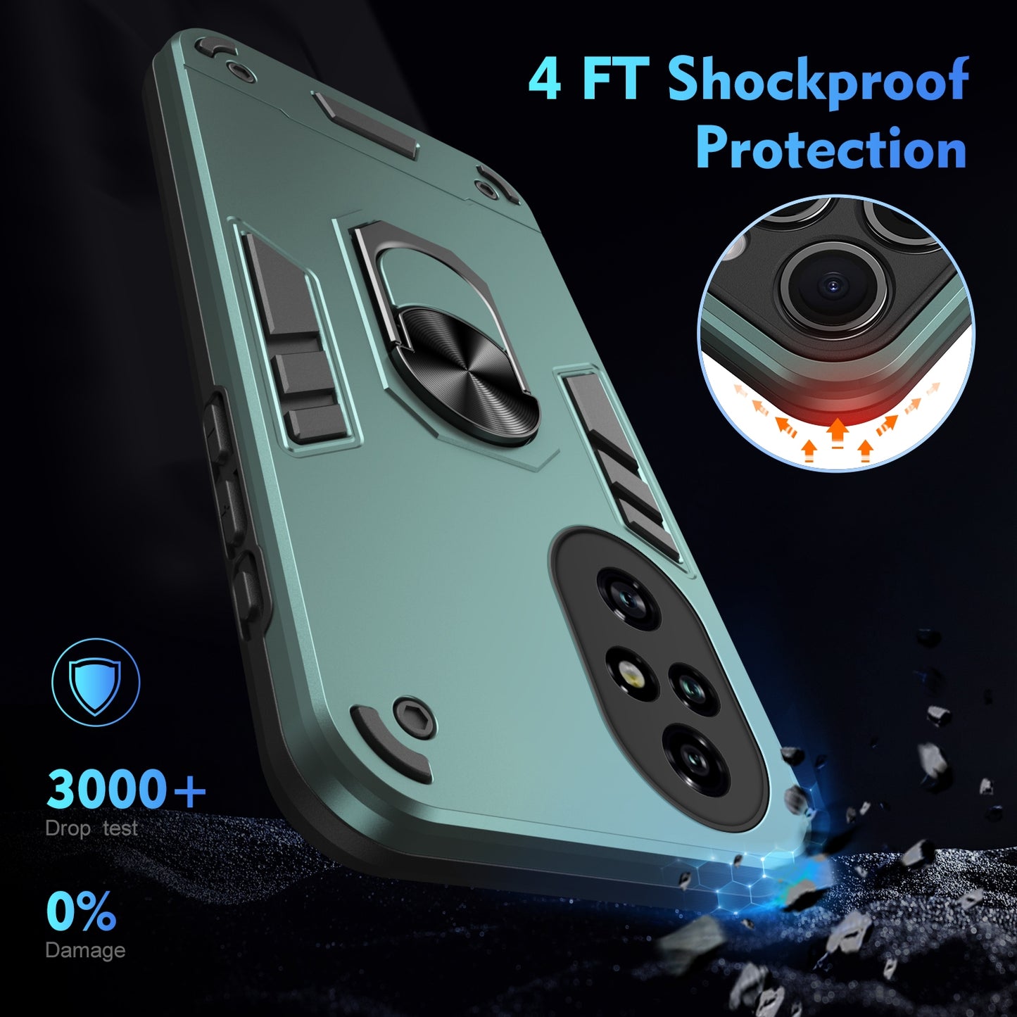 Shockproof Honor 200 Pro Phone Case with 360° Rotatable Metal Ring Holder, Magnetic Car Mount Stand, Ultra-Thin PC & Silicone Protection Cover