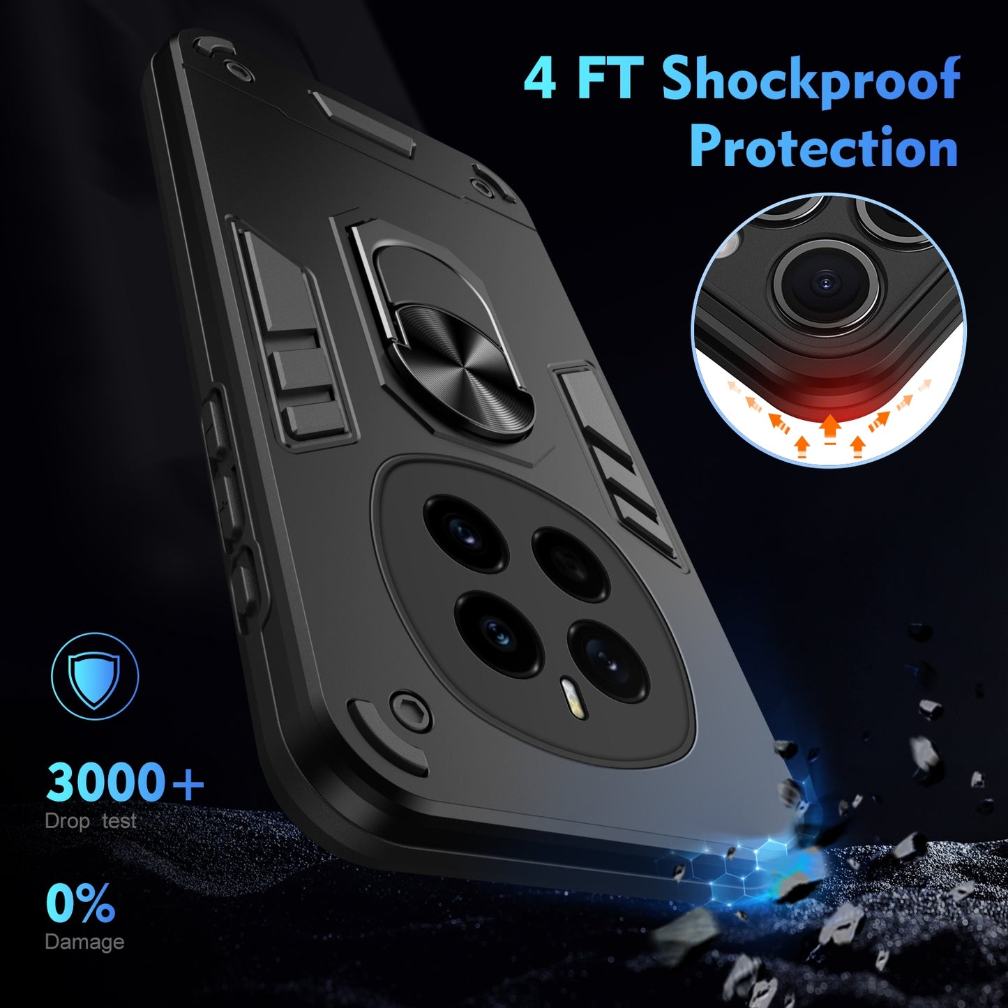 Shockproof Honor Magic7 Phone Case with 360° Rotatable Metal Ring Holder, Magnetic Car Mount Stand, Ultra-Thin PC & Silicone Protection Cover