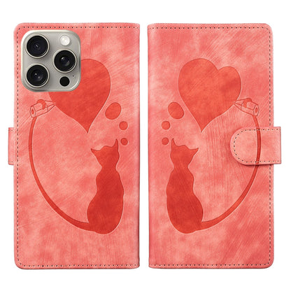 iPhone 15 Pro Max Heart & Cat Embossed Multi-Functional Pen Leather Wallet Phone Case with Stand and Card Slots