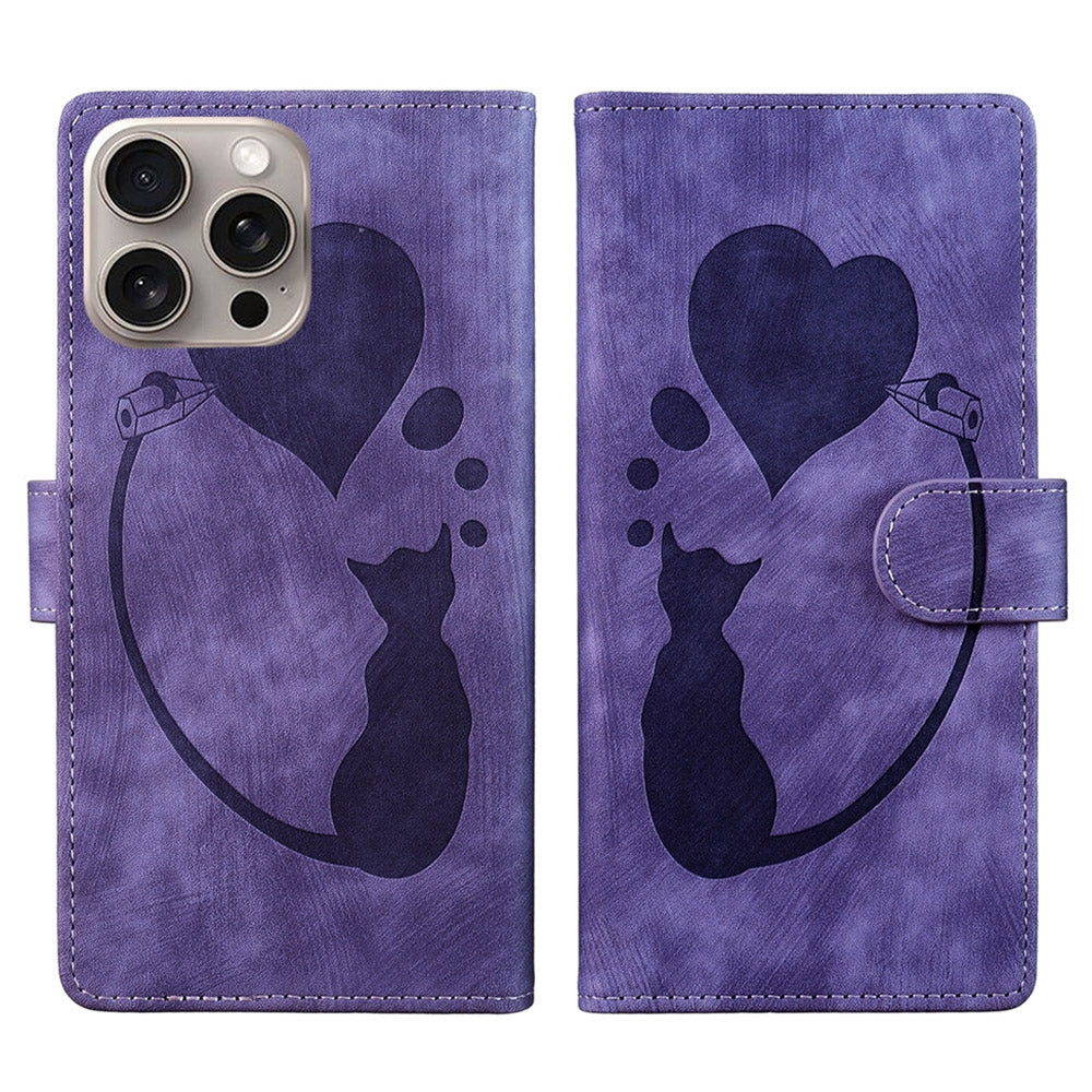 iPhone 15 Pro Max Heart & Cat Embossed Multi-Functional Pen Leather Wallet Phone Case with Stand and Card Slots