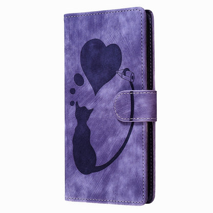 iPhone 15 Pro Max Heart & Cat Embossed Multi-Functional Pen Leather Wallet Phone Case with Stand and Card Slots