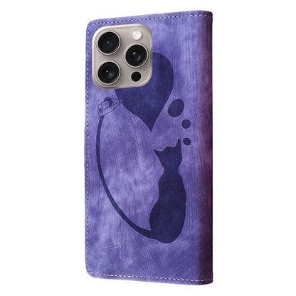 iPhone 15 Pro Max Heart & Cat Embossed Multi-Functional Pen Leather Wallet Phone Case with Stand and Card Slots