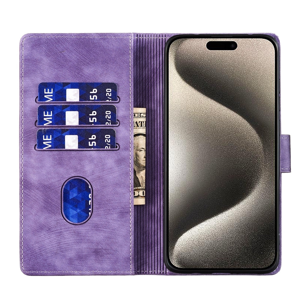 iPhone 15 Pro Max Heart & Cat Embossed Multi-Functional Pen Leather Wallet Phone Case with Stand and Card Slots