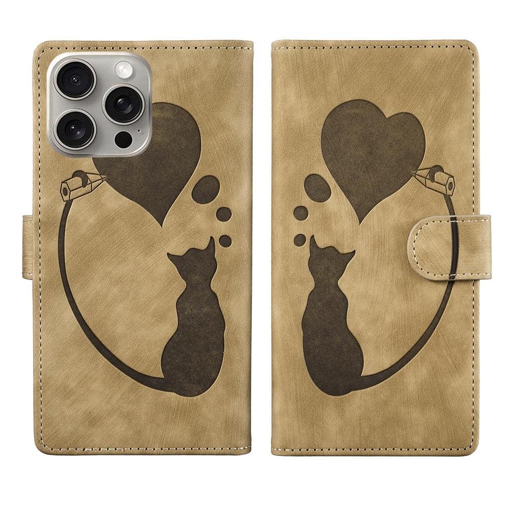 iPhone 15 Pro Max Heart & Cat Embossed Multi-Functional Pen Leather Wallet Phone Case with Stand and Card Slots