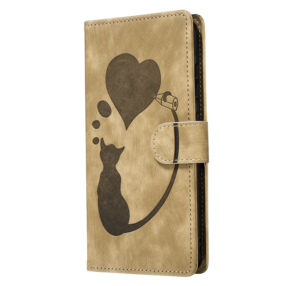 iPhone 15 Pro Max Heart & Cat Embossed Multi-Functional Pen Leather Wallet Phone Case with Stand and Card Slots