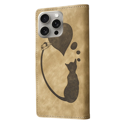 iPhone 15 Pro Max Heart & Cat Embossed Multi-Functional Pen Leather Wallet Phone Case with Stand and Card Slots