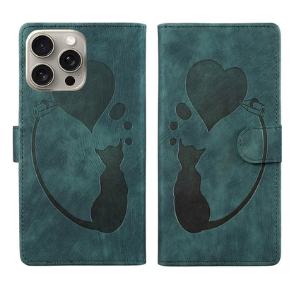 iPhone 15 Pro Max Heart & Cat Embossed Multi-Functional Pen Leather Wallet Phone Case with Stand and Card Slots