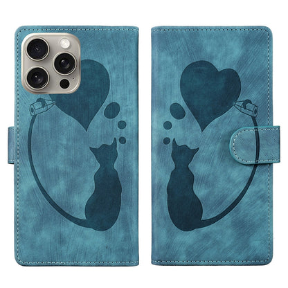 iPhone 15 Pro Max Heart & Cat Embossed Multi-Functional Pen Leather Wallet Phone Case with Stand and Card Slots