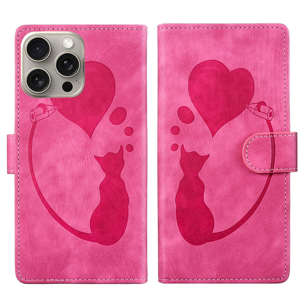 iPhone 15 Pro Max Heart & Cat Embossed Multi-Functional Pen Leather Wallet Phone Case with Stand and Card Slots