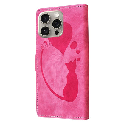 iPhone 15 Pro Max Heart & Cat Embossed Multi-Functional Pen Leather Wallet Phone Case with Stand and Card Slots