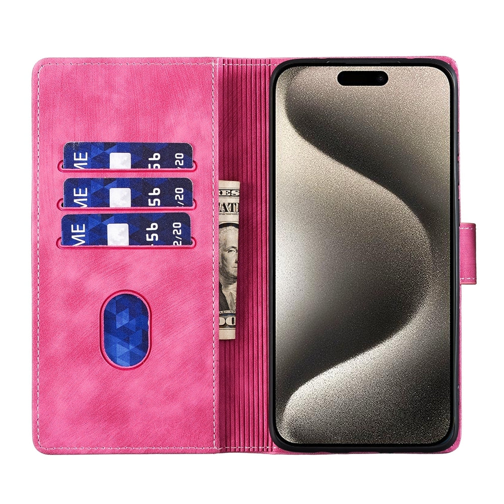 iPhone 15 Pro Max Heart & Cat Embossed Multi-Functional Pen Leather Wallet Phone Case with Stand and Card Slots