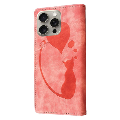 iPhone 15 Pro Heart & Cat Embossed Multi-Functional Pen Leather Wallet Phone Case with Stand and Card Slots