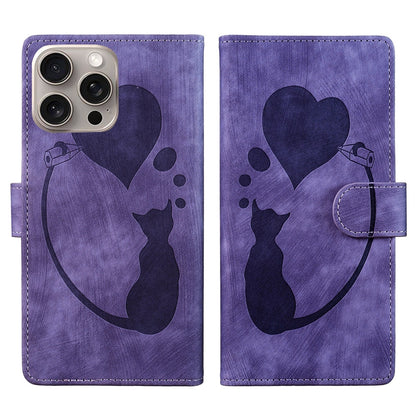 iPhone 15 Pro Heart & Cat Embossed Multi-Functional Pen Leather Wallet Phone Case with Stand and Card Slots