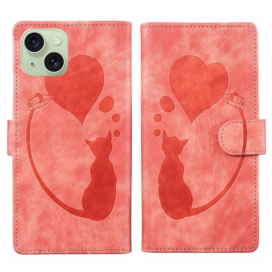 iPhone 15 Plus Heart & Cat Embossed Multi-Functional Pen Leather Wallet Phone Case with Stand and Card Slots