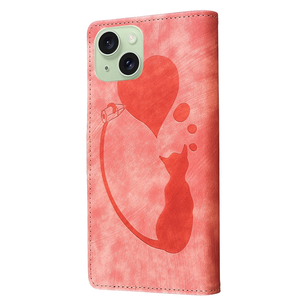 iPhone 15 Plus Heart & Cat Embossed Multi-Functional Pen Leather Wallet Phone Case with Stand and Card Slots