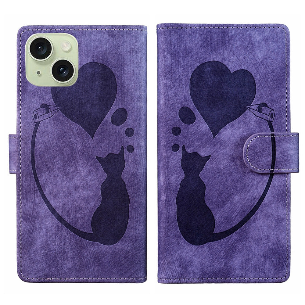 iPhone 15 Plus Heart & Cat Embossed Multi-Functional Pen Leather Wallet Phone Case with Stand and Card Slots