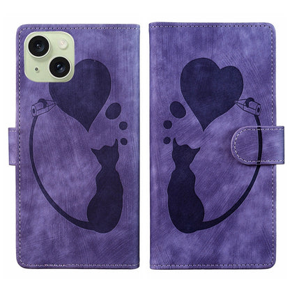 iPhone 15 Plus Heart & Cat Embossed Multi-Functional Pen Leather Wallet Phone Case with Stand and Card Slots