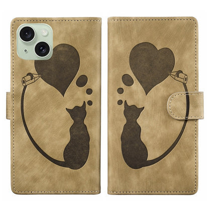 iPhone 15 Plus Heart & Cat Embossed Multi-Functional Pen Leather Wallet Phone Case with Stand and Card Slots