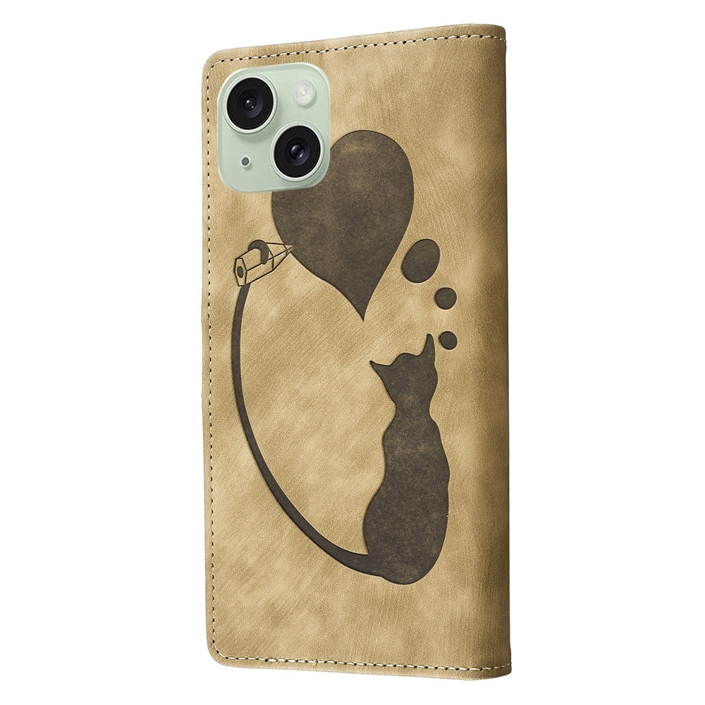 iPhone 15 Plus Heart & Cat Embossed Multi-Functional Pen Leather Wallet Phone Case with Stand and Card Slots