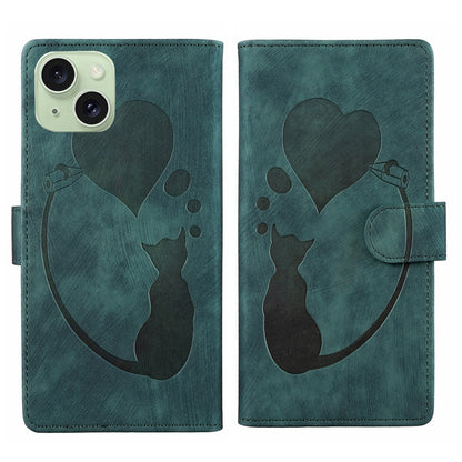 iPhone 15 Plus Heart & Cat Embossed Multi-Functional Pen Leather Wallet Phone Case with Stand and Card Slots