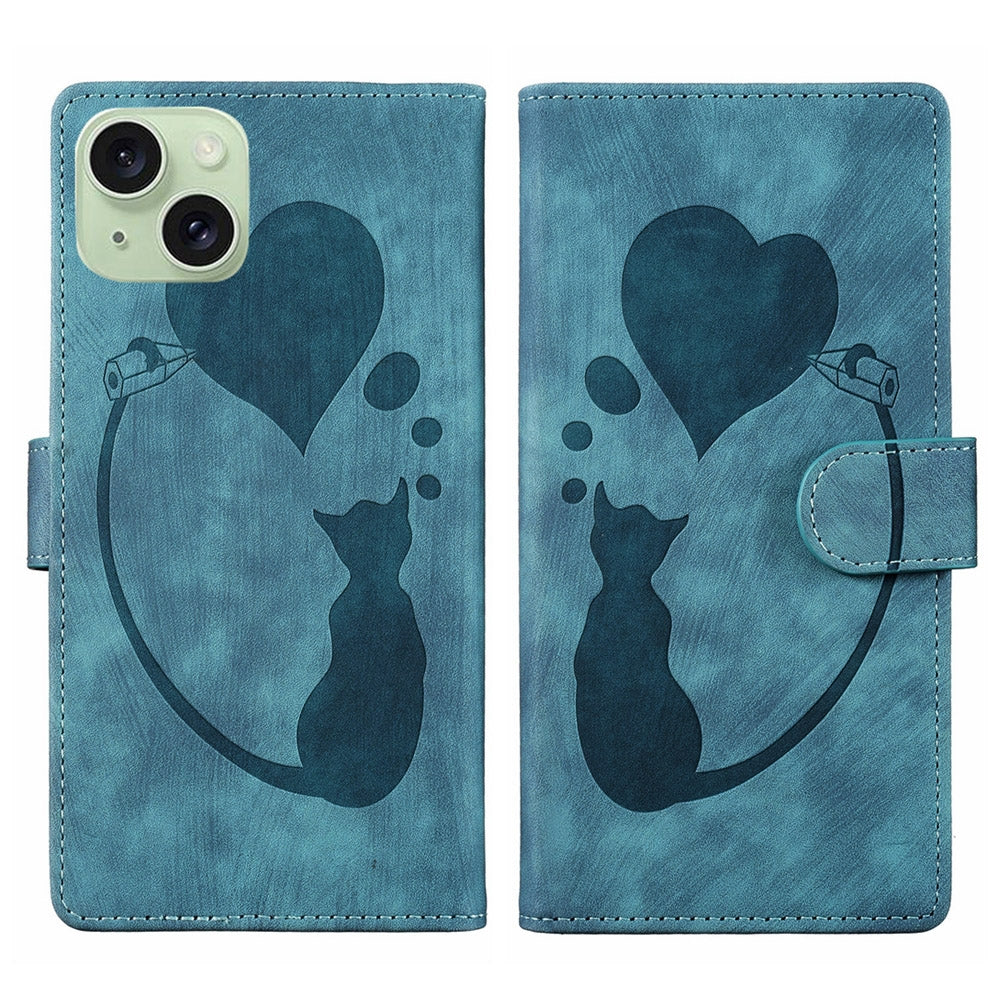 iPhone 15 Plus Heart & Cat Embossed Multi-Functional Pen Leather Wallet Phone Case with Stand and Card Slots