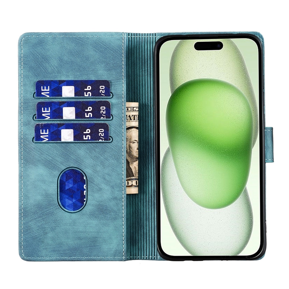 iPhone 15 Plus Heart & Cat Embossed Multi-Functional Pen Leather Wallet Phone Case with Stand and Card Slots