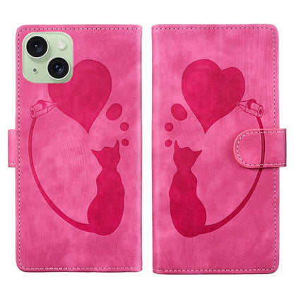 iPhone 15 Plus Heart & Cat Embossed Multi-Functional Pen Leather Wallet Phone Case with Stand and Card Slots