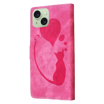 iPhone 15 Plus Heart & Cat Embossed Multi-Functional Pen Leather Wallet Phone Case with Stand and Card Slots