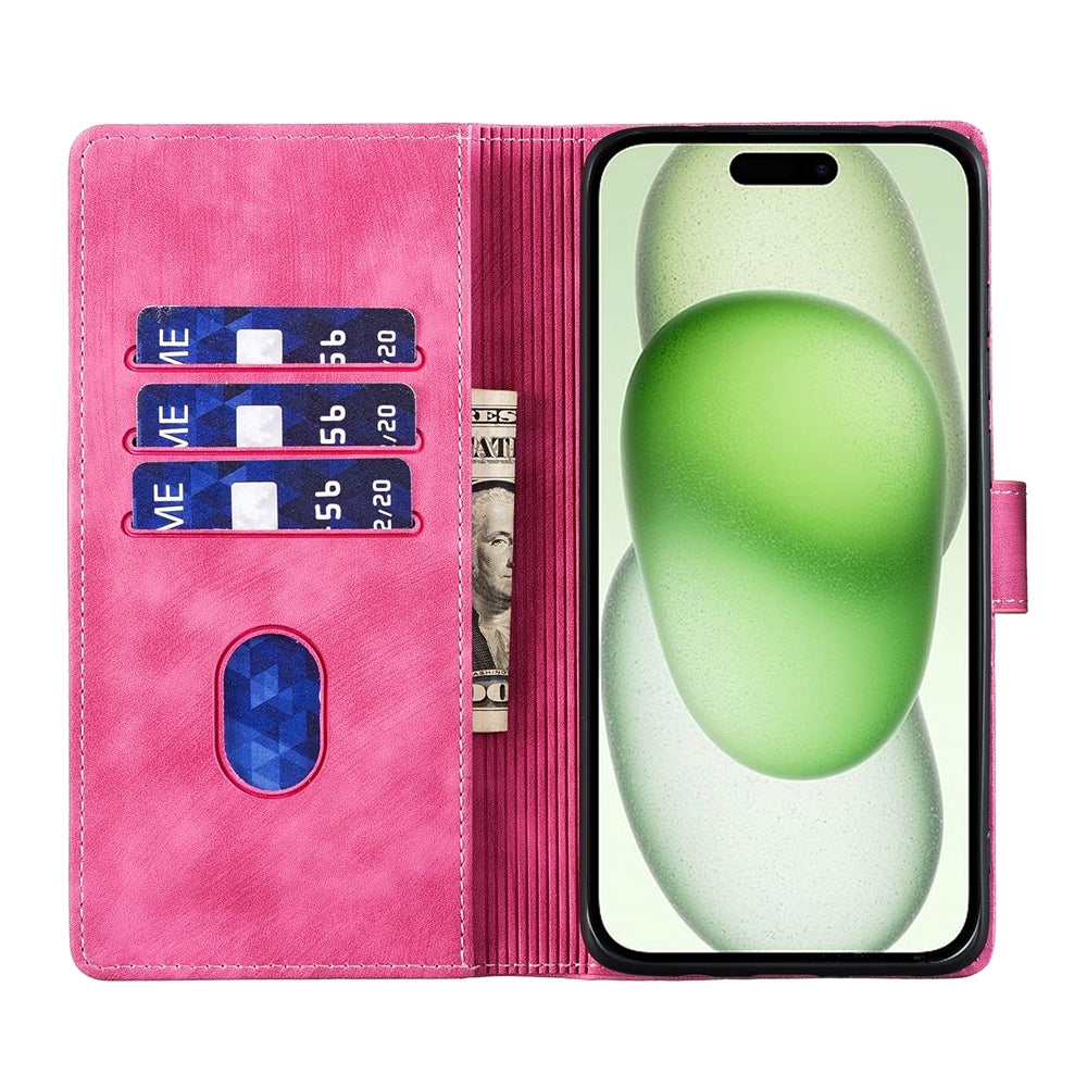 iPhone 15 Plus Heart & Cat Embossed Multi-Functional Pen Leather Wallet Phone Case with Stand and Card Slots