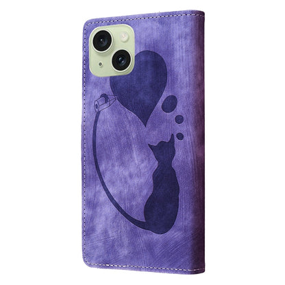 iPhone 15 Heart & Cat Embossed Multi-Functional Pen Leather Wallet Phone Case with Stand and Card Slots