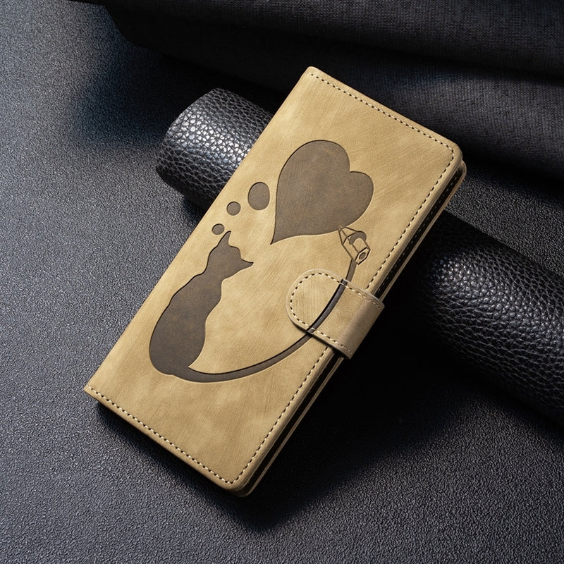 iPhone 15 Heart & Cat Embossed Multi-Functional Pen Leather Wallet Phone Case with Stand and Card Slots