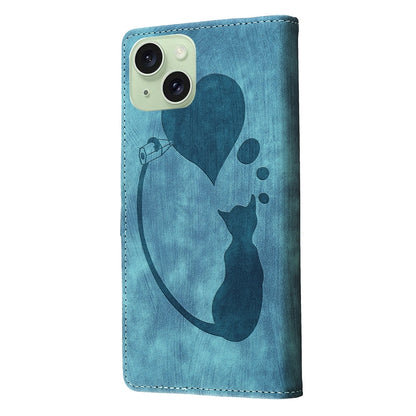 iPhone 15 Heart & Cat Embossed Multi-Functional Pen Leather Wallet Phone Case with Stand and Card Slots