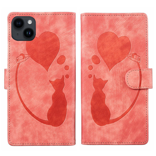 iPhone 14 Plus Heart & Cat Embossed Multi-Functional Pen Leather Wallet Phone Case with Stand and Card Slots