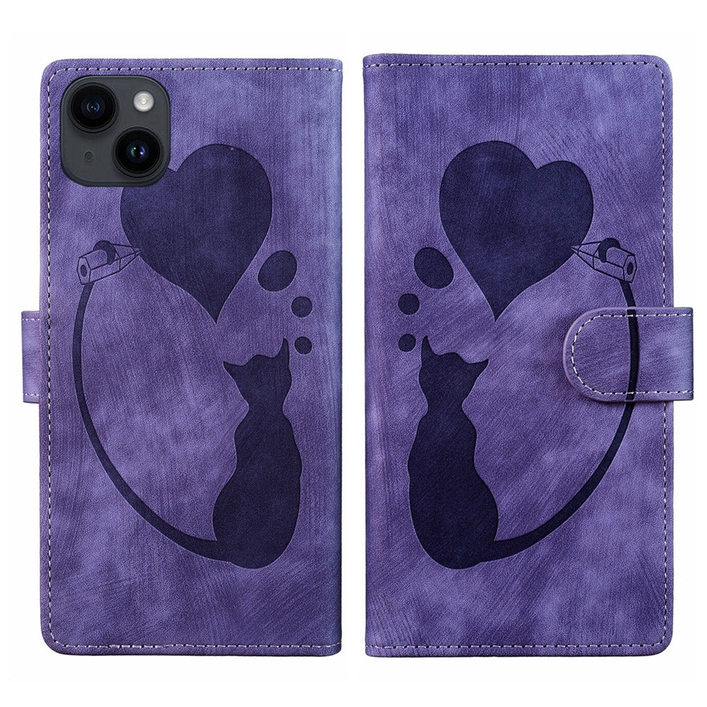 iPhone 14 Plus Heart & Cat Embossed Multi-Functional Pen Leather Wallet Phone Case with Stand and Card Slots