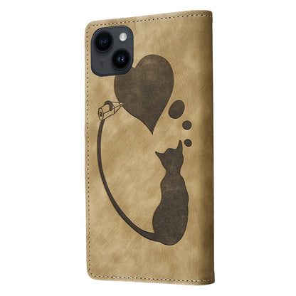 iPhone 14 Plus Heart & Cat Embossed Multi-Functional Pen Leather Wallet Phone Case with Stand and Card Slots