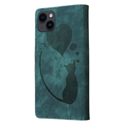 iPhone 14 Plus Heart & Cat Embossed Multi-Functional Pen Leather Wallet Phone Case with Stand and Card Slots