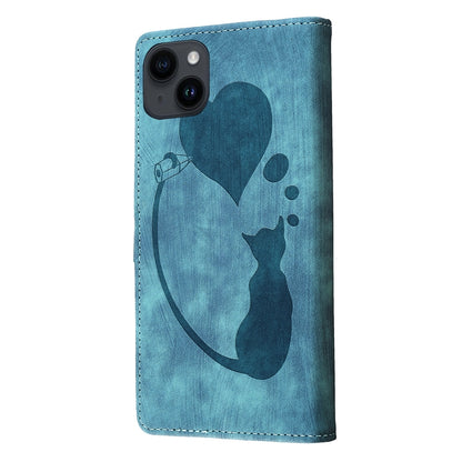 iPhone 14 Plus Heart & Cat Embossed Multi-Functional Pen Leather Wallet Phone Case with Stand and Card Slots