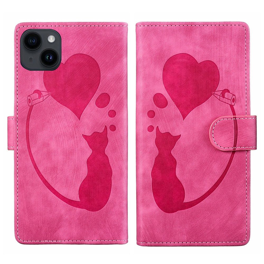 iPhone 14 Plus Heart & Cat Embossed Multi-Functional Pen Leather Wallet Phone Case with Stand and Card Slots