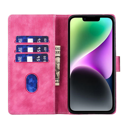 iPhone 14 Plus Heart & Cat Embossed Multi-Functional Pen Leather Wallet Phone Case with Stand and Card Slots