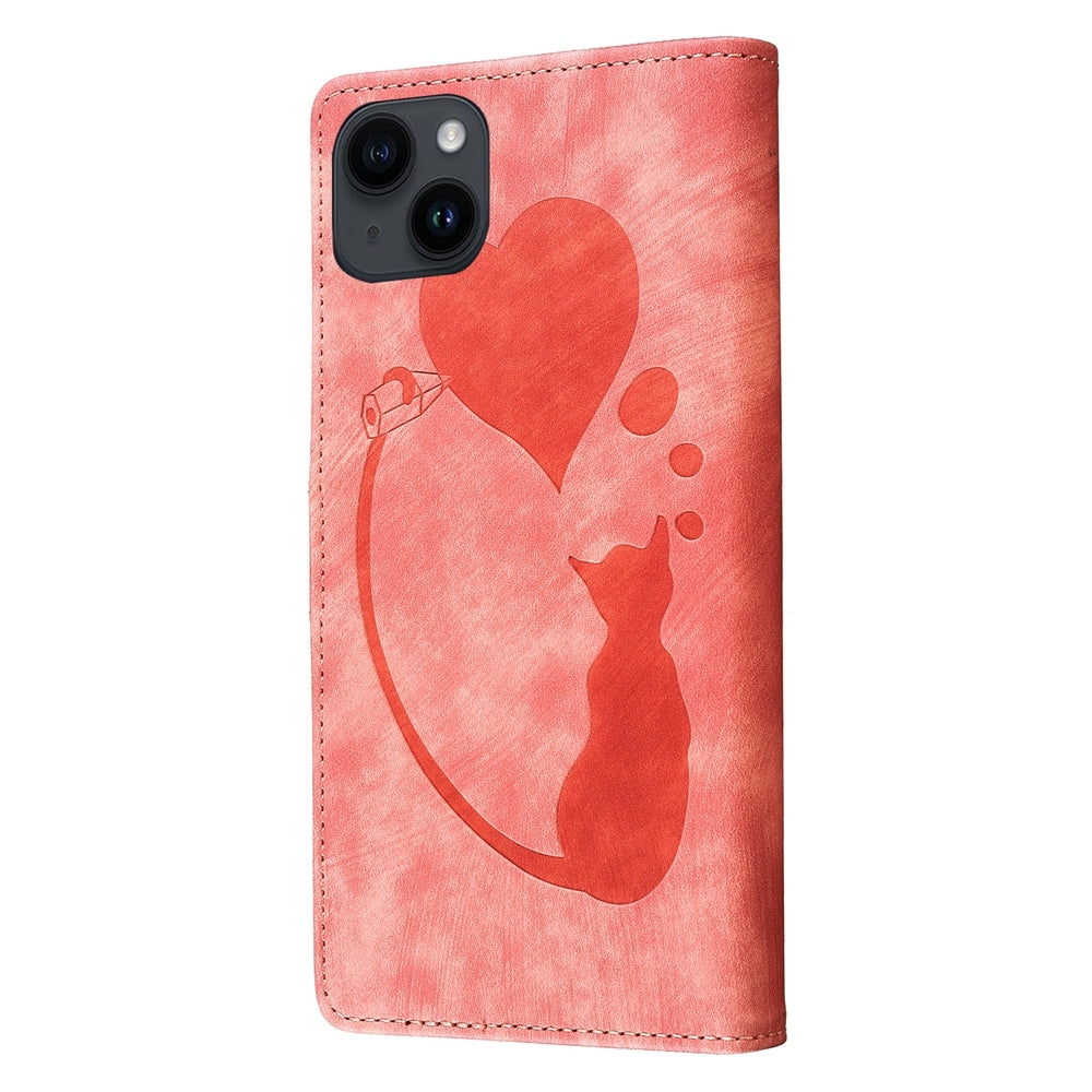 iPhone 14 Heart & Cat Embossed Multi-Functional Pen Leather Wallet Phone Case with Stand and Card Slots