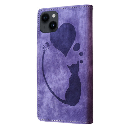 iPhone 14 Heart & Cat Embossed Multi-Functional Pen Leather Wallet Phone Case with Stand and Card Slots