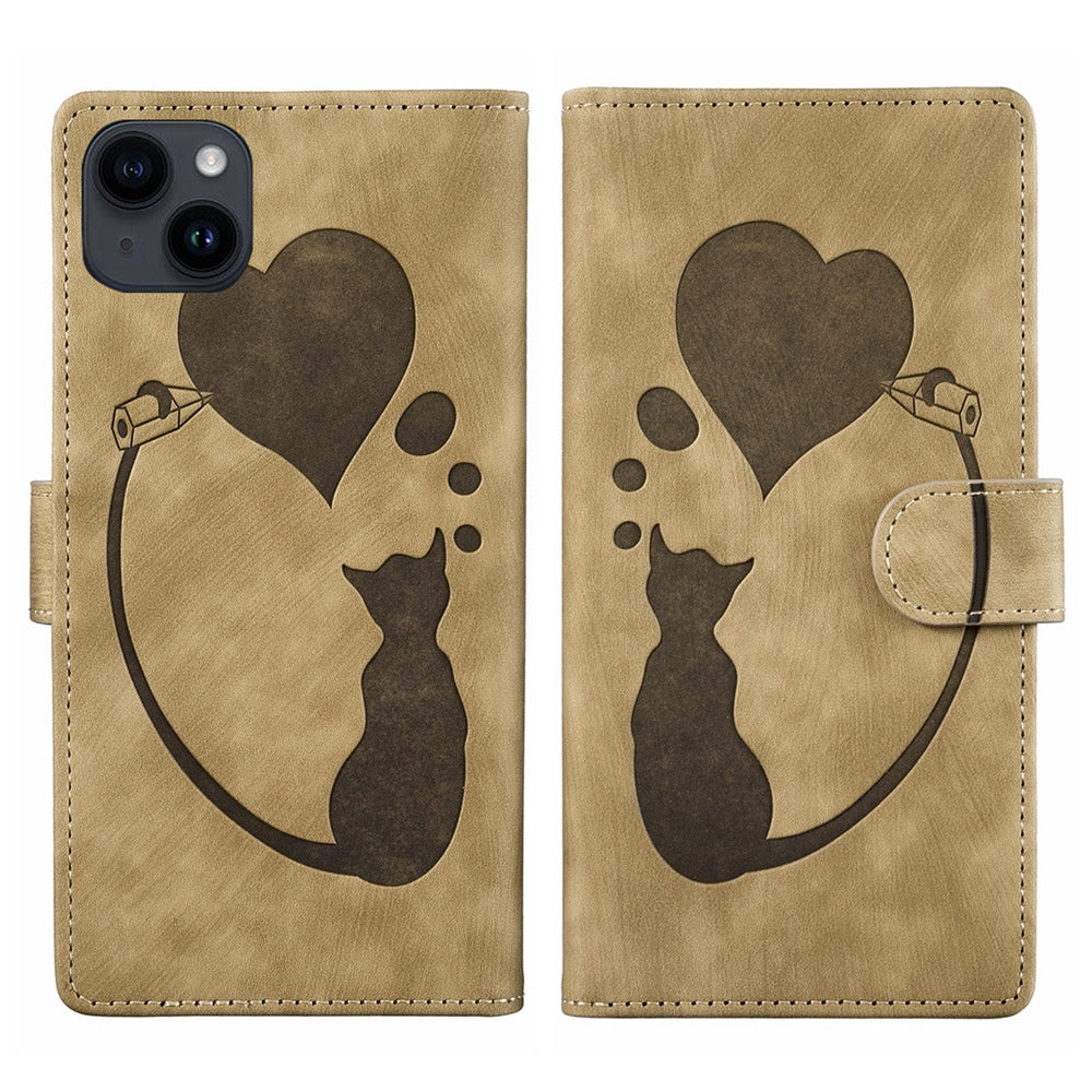 iPhone 14 Heart & Cat Embossed Multi-Functional Pen Leather Wallet Phone Case with Stand and Card Slots