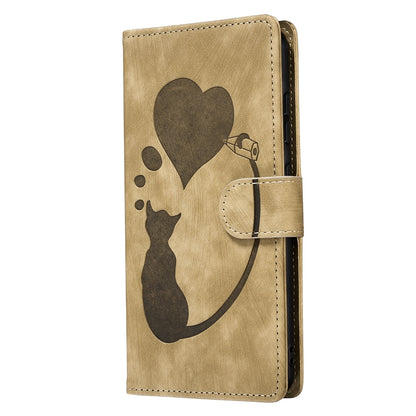 iPhone 14 Heart & Cat Embossed Multi-Functional Pen Leather Wallet Phone Case with Stand and Card Slots