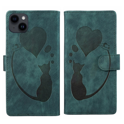 iPhone 14 Heart & Cat Embossed Multi-Functional Pen Leather Wallet Phone Case with Stand and Card Slots