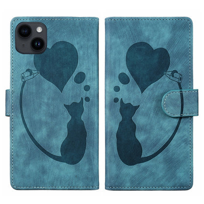 iPhone 14 Heart & Cat Embossed Multi-Functional Pen Leather Wallet Phone Case with Stand and Card Slots