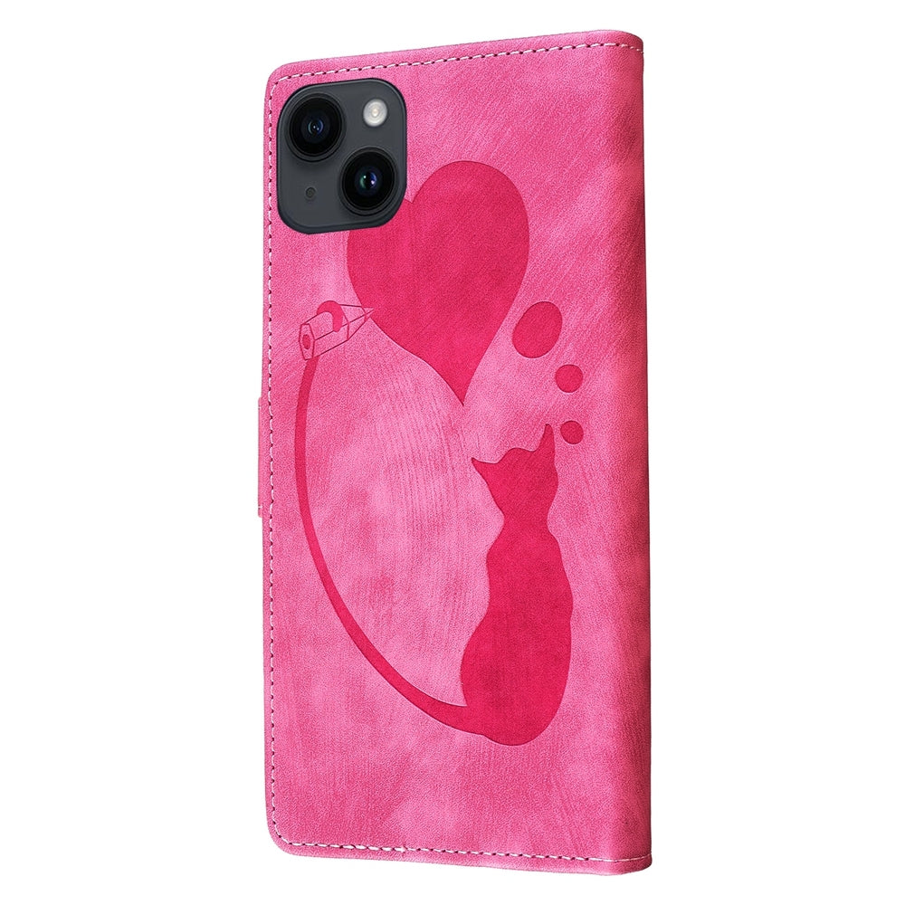 iPhone 14 Heart & Cat Embossed Multi-Functional Pen Leather Wallet Phone Case with Stand and Card Slots