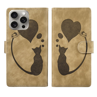 iPhone 14 Pro Heart & Cat Embossed Multi-Functional Pen Leather Wallet Phone Case with Stand and Card Slots