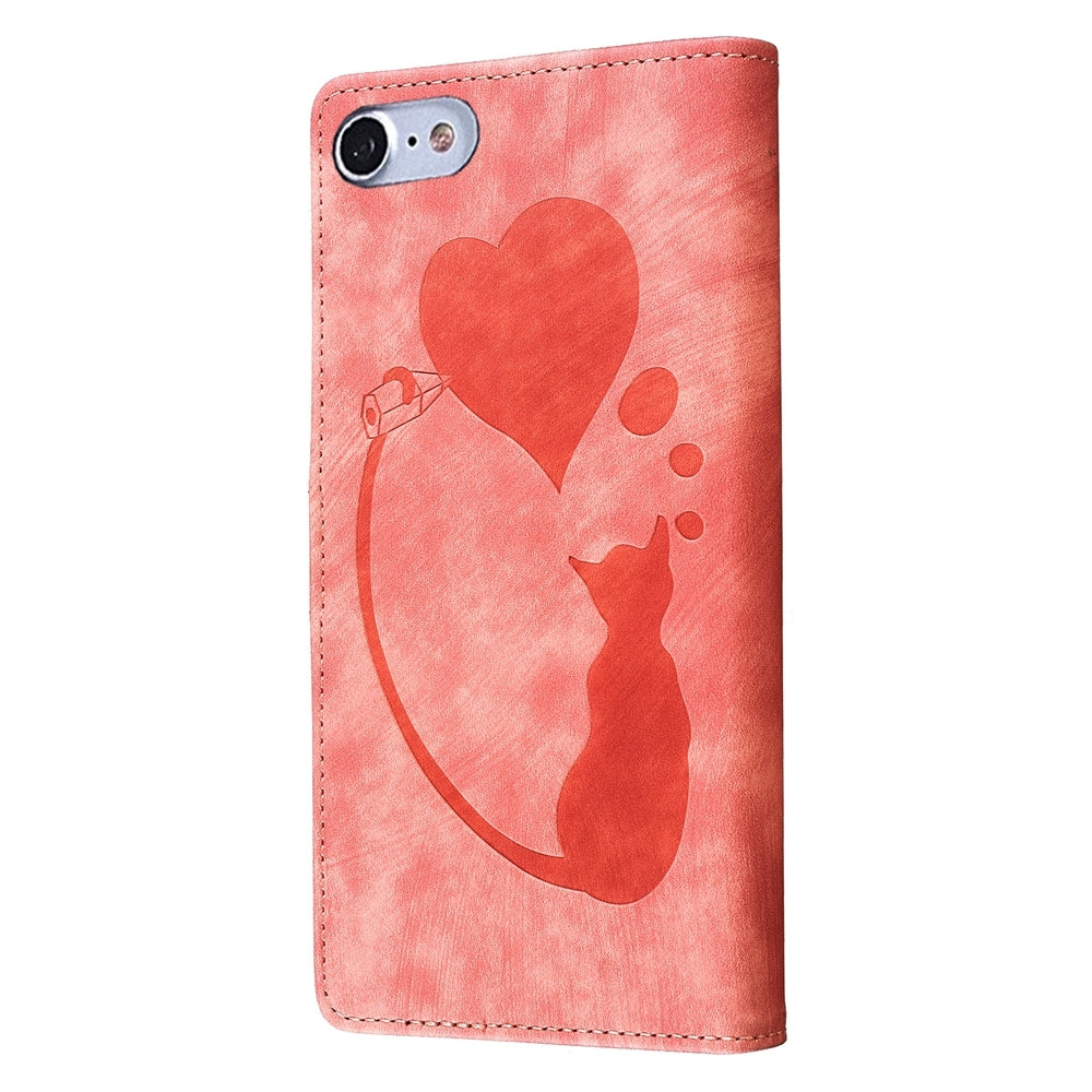 iPhone SE 2022 Heart & Cat Embossed Multi-Functional Pen Leather Wallet Phone Case with Stand and Card Slots